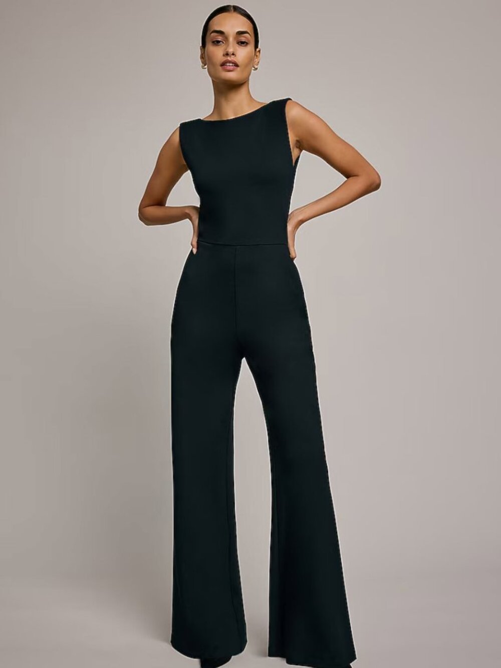 Express Signature Ponte Boat Neck Wide Leg Jumpsuit Black M